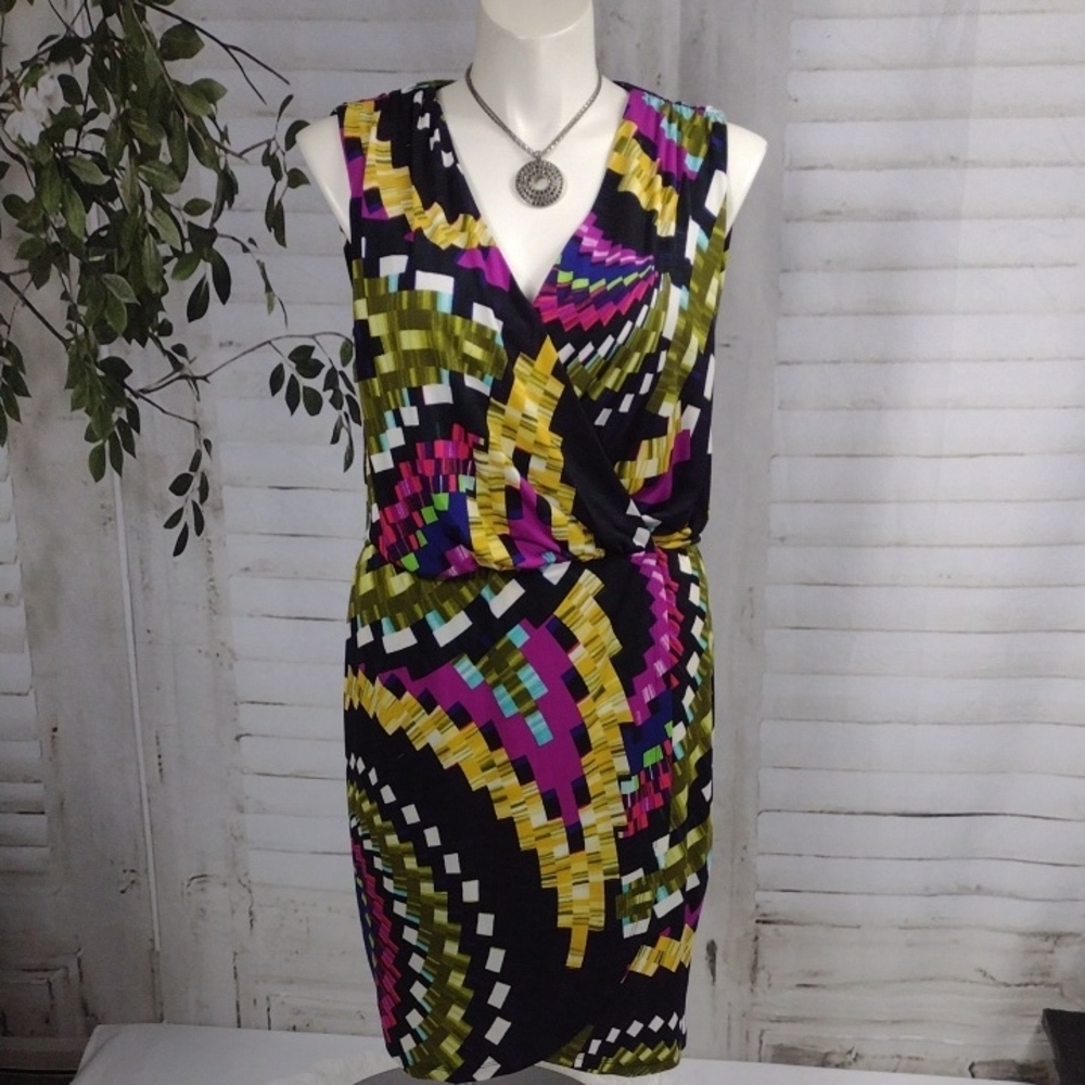 London Times Black and Multicolor Midi Dress Size 14